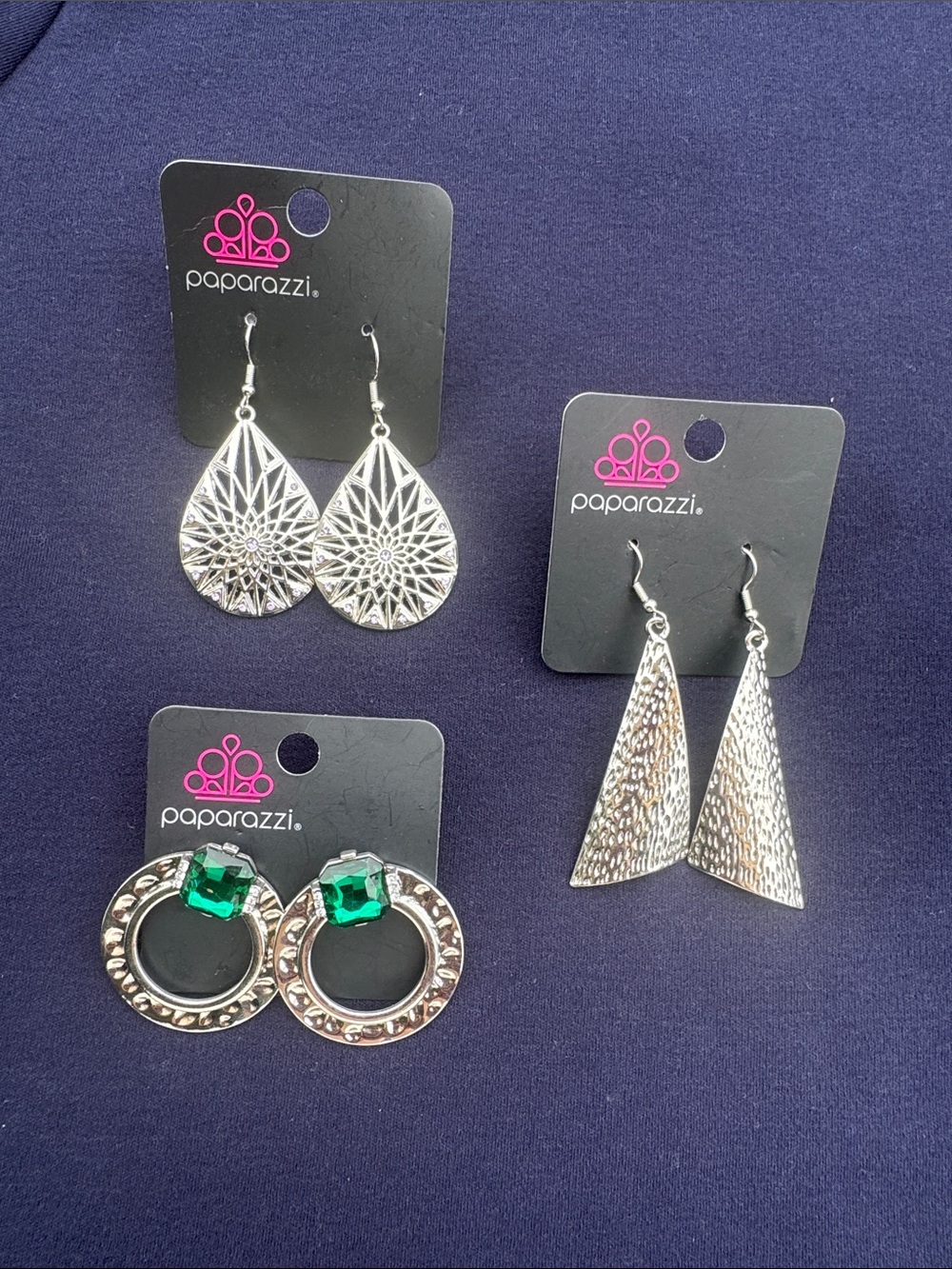 paparazzi Silver Filigree, Textured Triangle & Emerald Circle Earring Sets